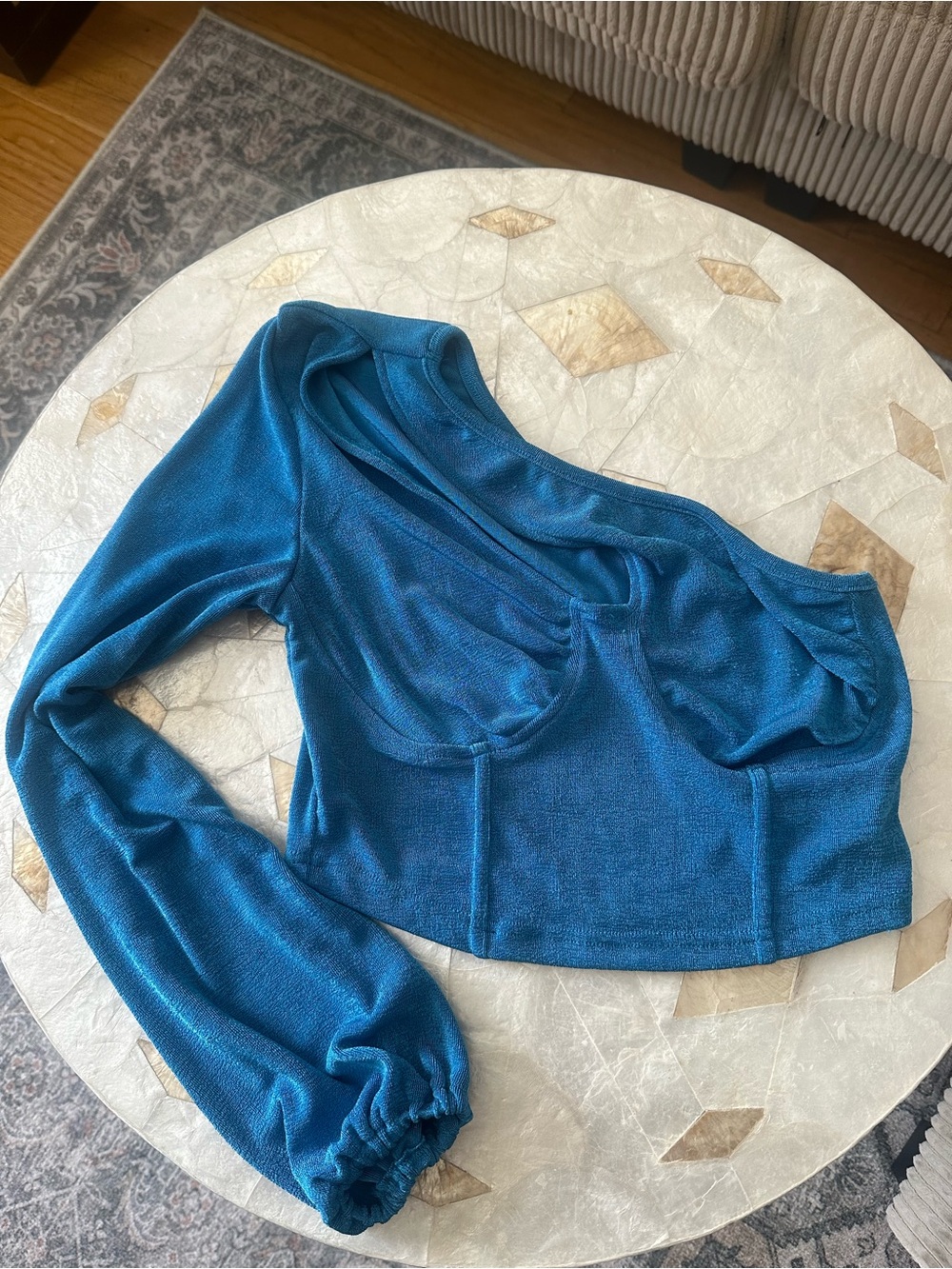 Amazon Teal Blue One-Shoulder Long-Sleeve Crop Top